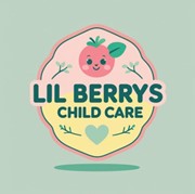 Lil Berrys Child Care logo featuring a crying baby, a strawberry, a heart-shaped leaf, and a unidentifiable green silhouette.